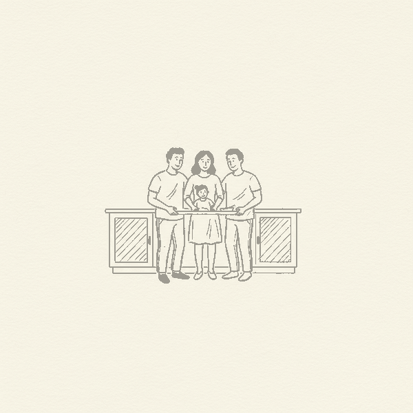 Hand-drawn illustration of the Jervis family at a kitchen cabinet