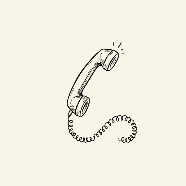 Hand-drawn illustration of a vintage telephone receiver with a curly cord