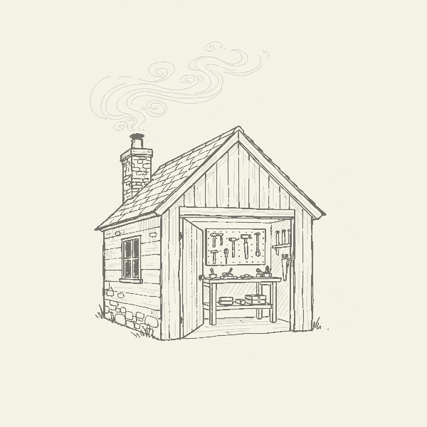 Hand-drawn illustration of the Deelux workshop with smoke rising from a chimney and tools on a pegboard