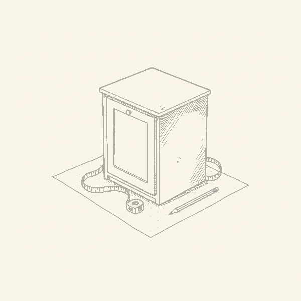 Hand-drawn illustration of an isometric kitchen cabinet on architectural graph paper