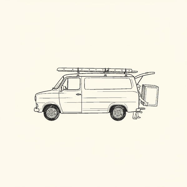 Hand-drawn illustration of a tradesman's van with a ladder on the roof and a cabinet being loaded