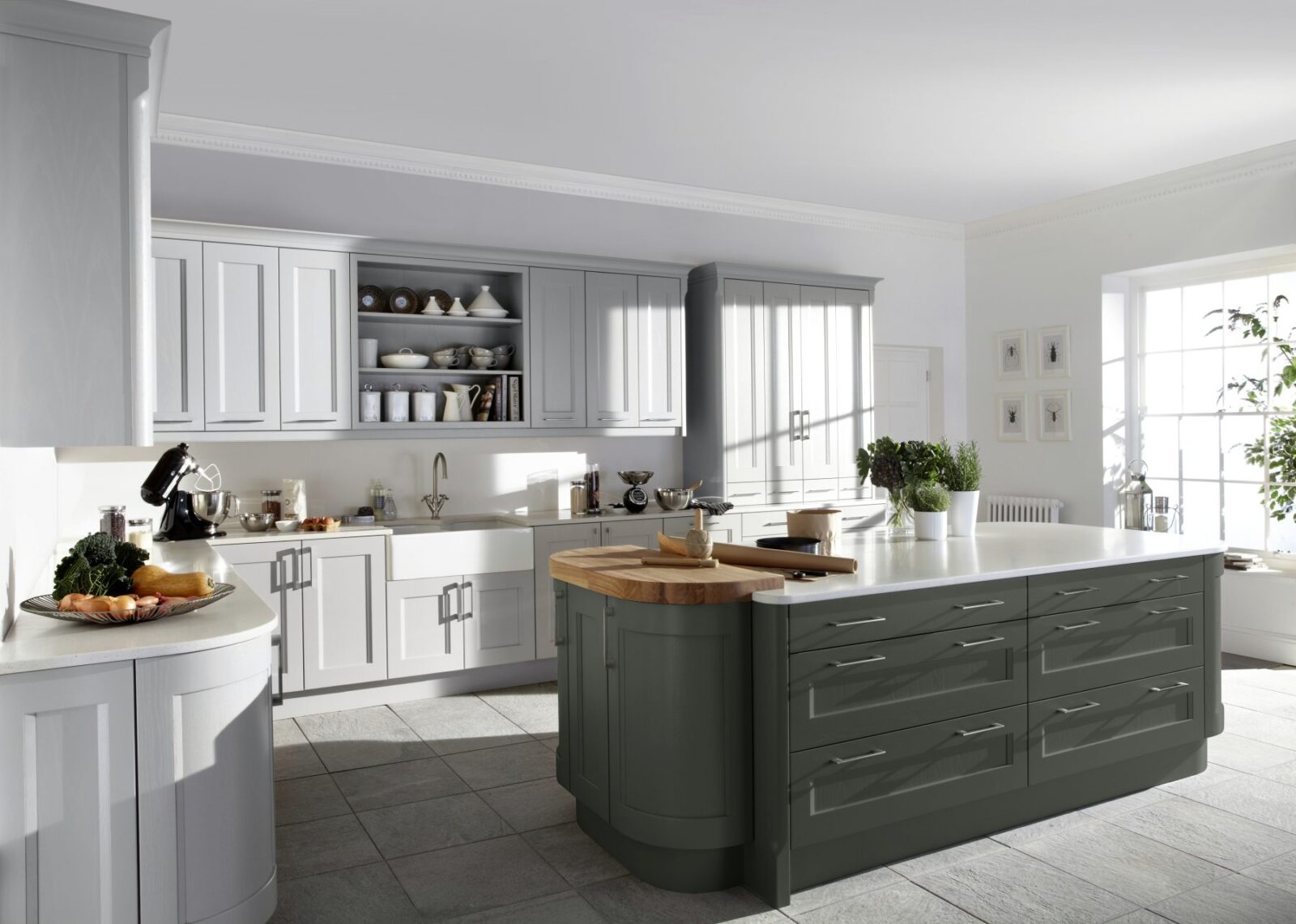 Kew painted shaker kitchen with visible ash framing — by Burbidge