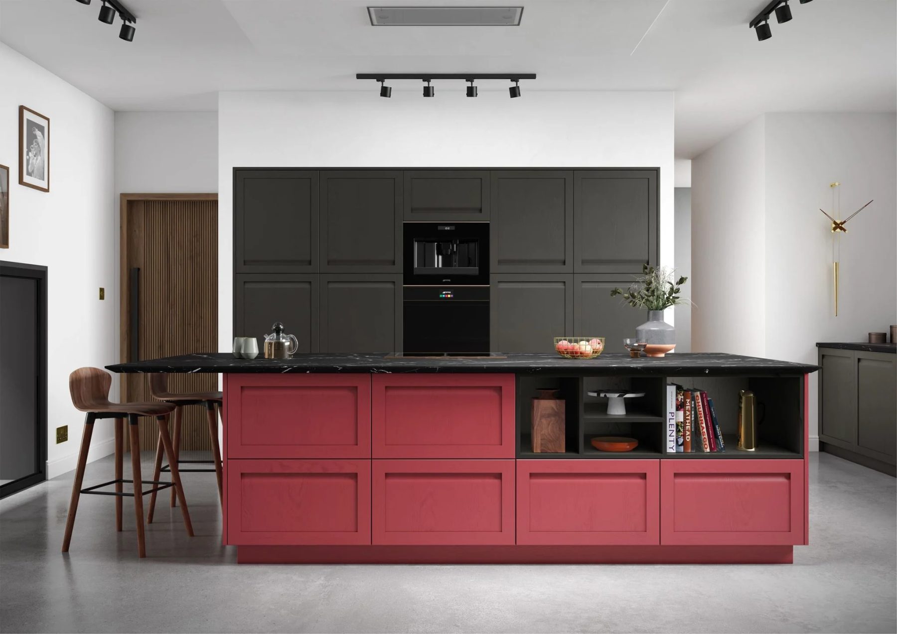 Cranbrook painted shaker kitchen, graphite with chicory red island