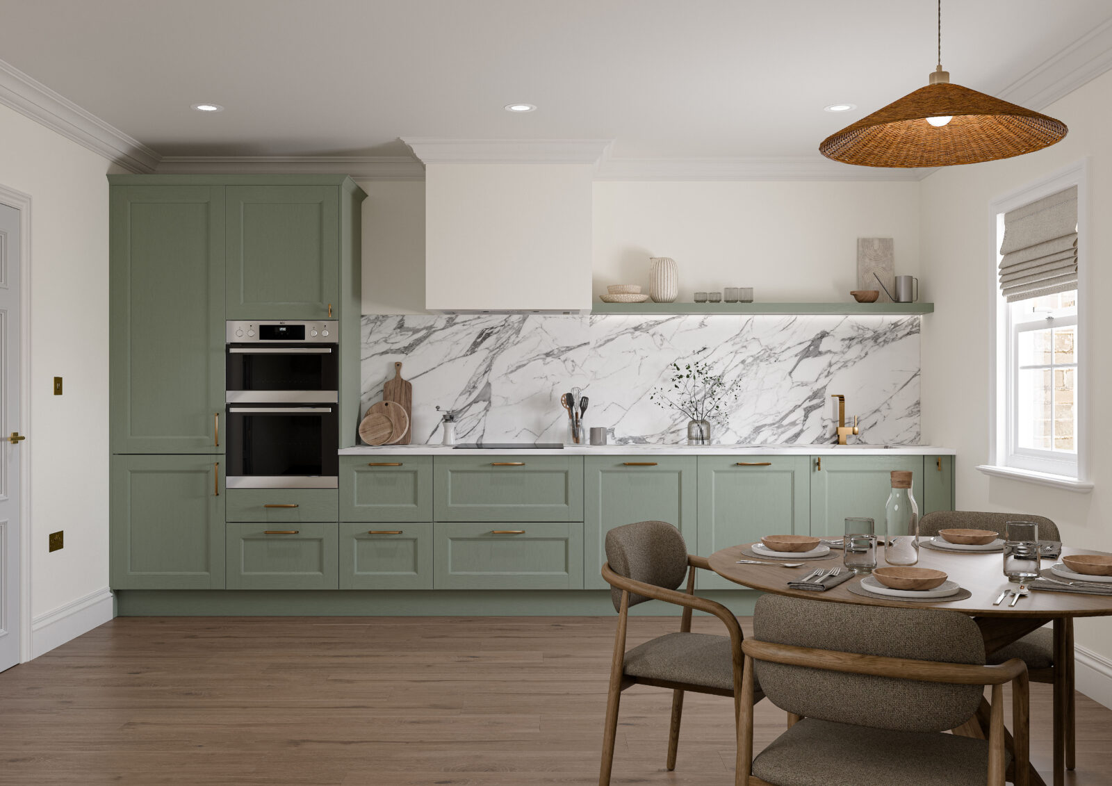 Avingdon Beaded shaker kitchen in Reed Green with marble splashback and brass handles