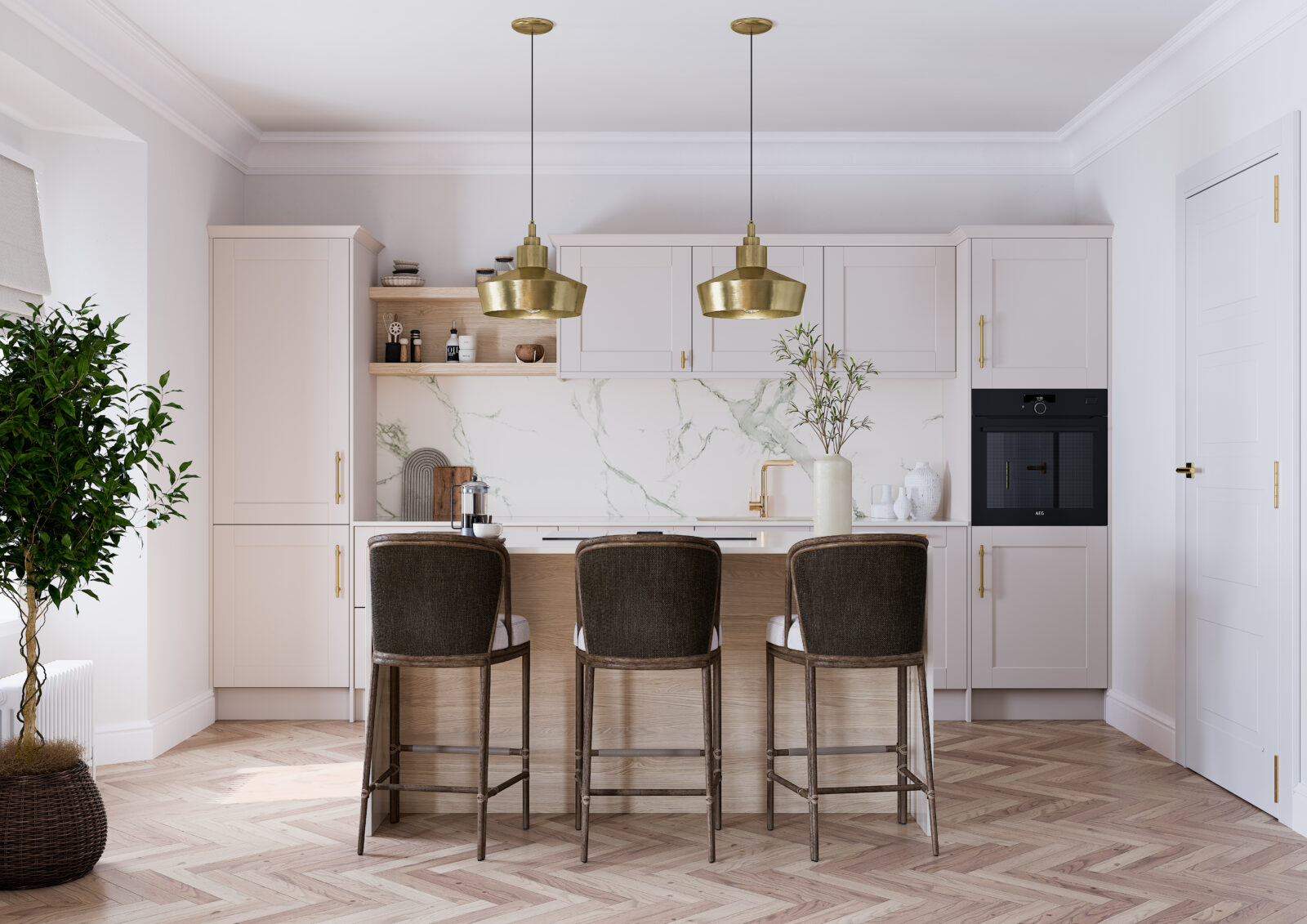 Avingdon Smooth shaker kitchen in Cashmere with marble splashback and brass pendants