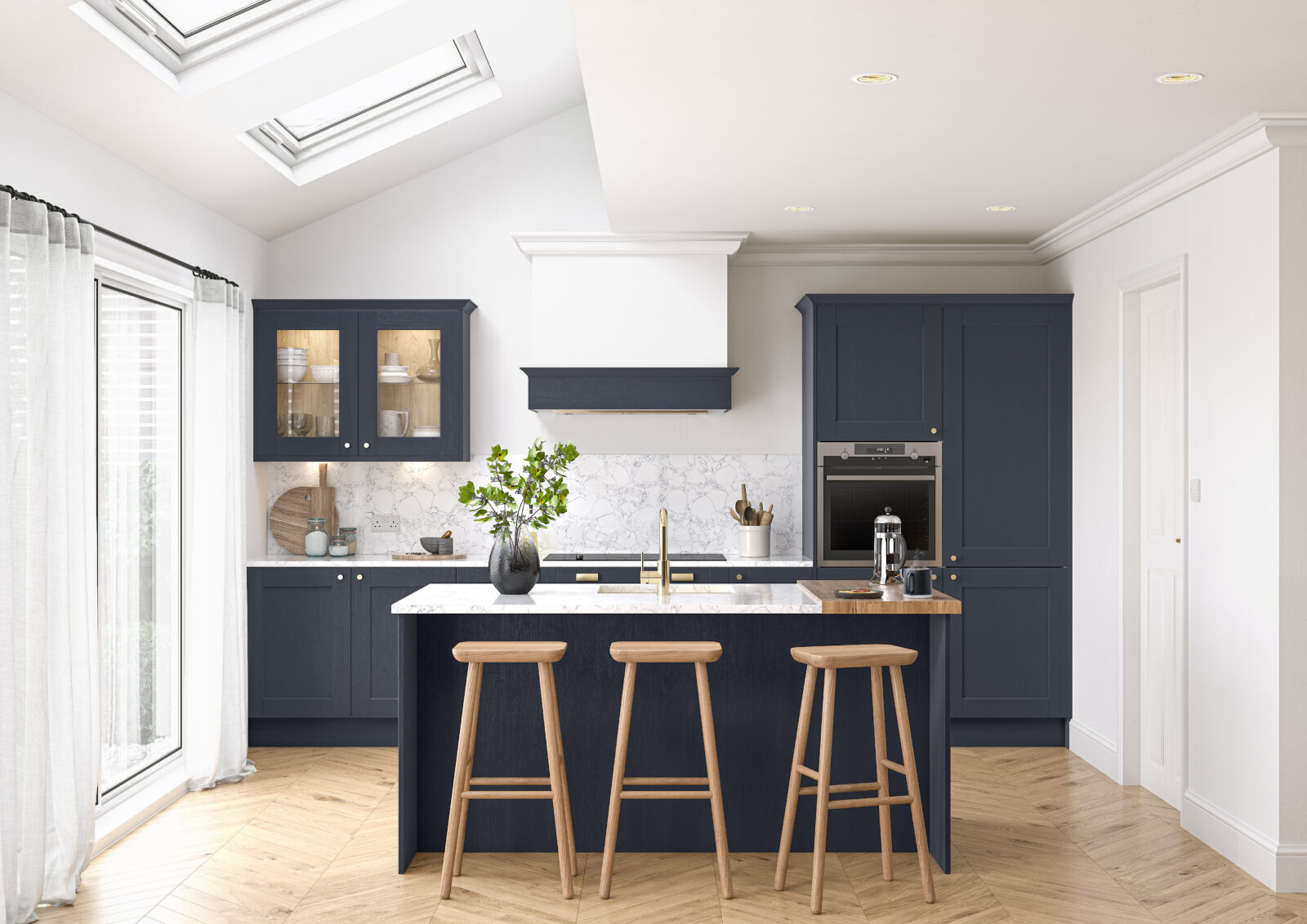 Avingdon Woodgrain shaker kitchen in Indigo with marble splashback and oak floor
