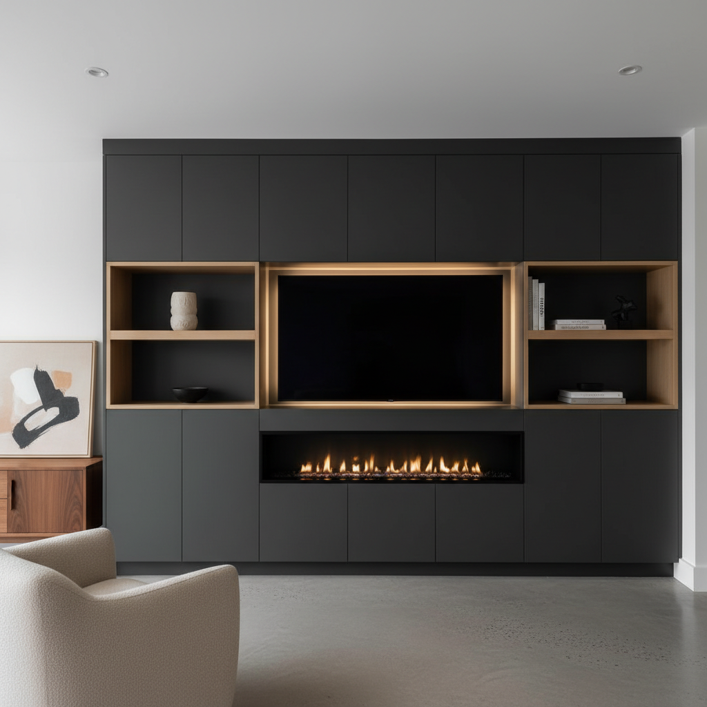 Design visualisation of a handleless anthracite painted slab media wall with deep TV recess, slot fire and oak-lined display shelves