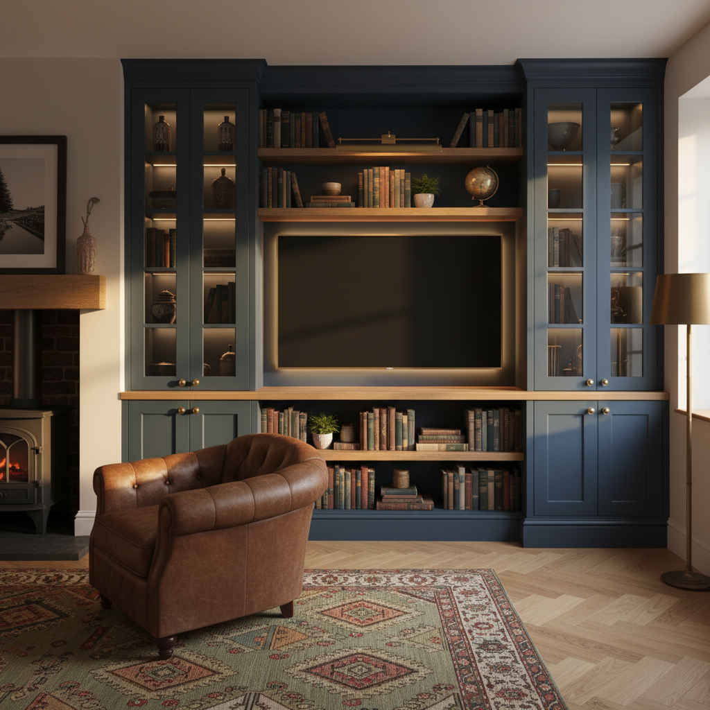 Design visualisation of a classic ink-blue beaded shaker media wall with glazed display cabinets, brass-trimmed TV recess and herringbone oak floor