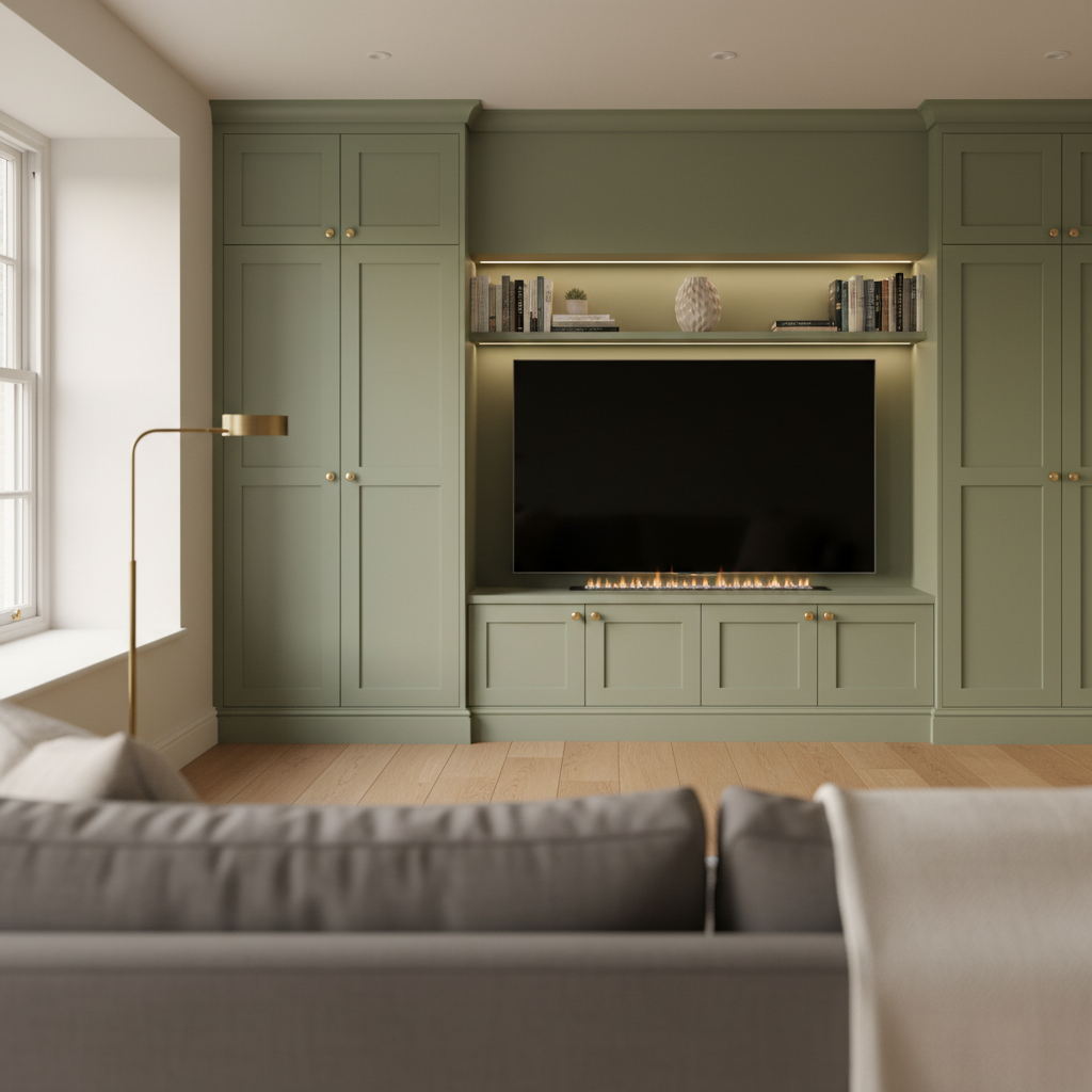 Design visualisation of a Deelux media wall in a sage-green painted shaker, with TV recess, slot fire and LED-lit display shelf