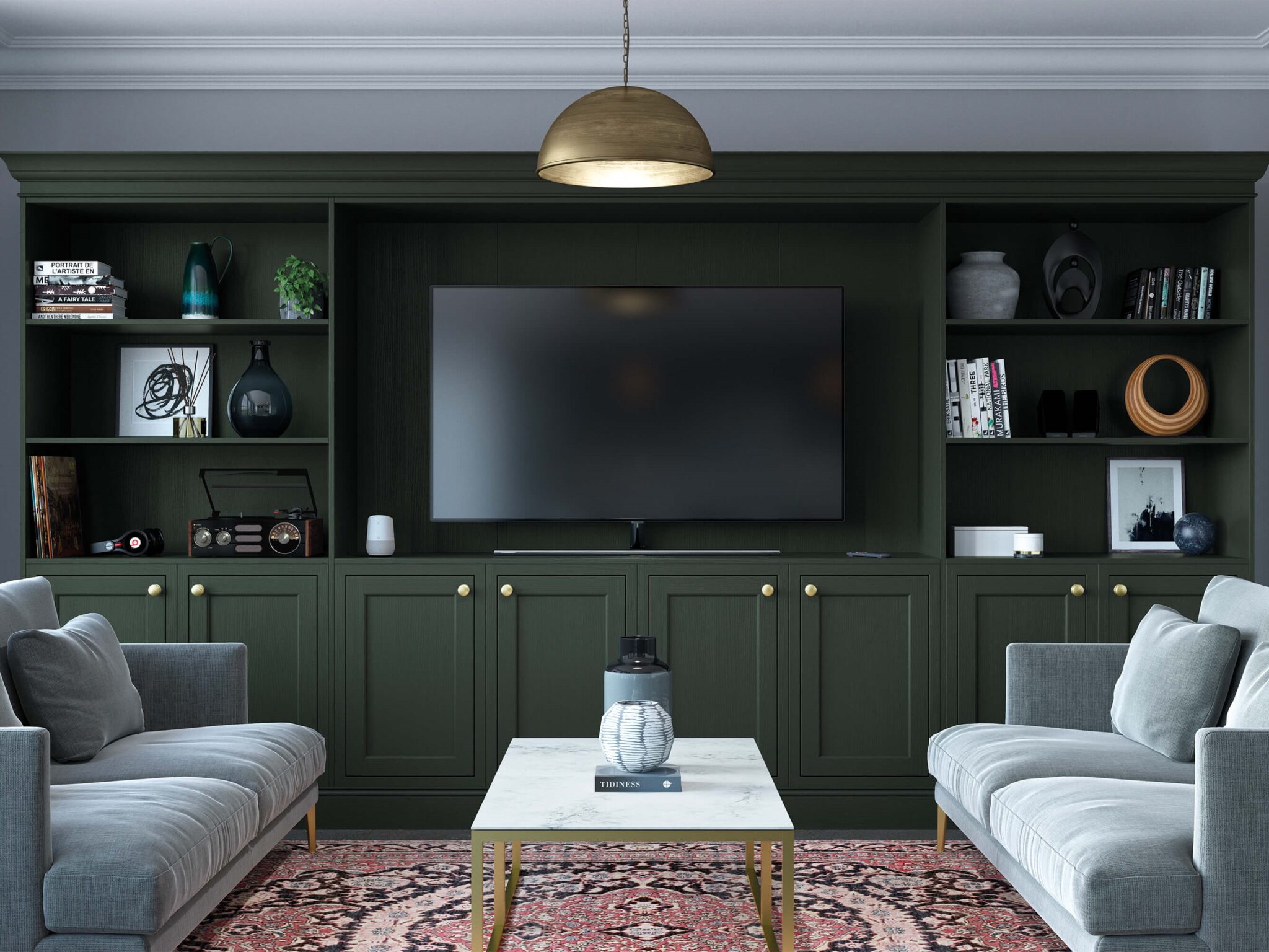 Design visualisation of a deep forest green media wall with full-height open shelving, panelled base cupboards and brass knobs