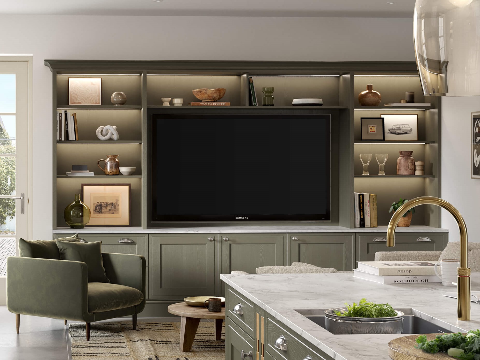 Design visualisation of an olive-green shaker media wall in an open-plan kitchen living space, with LED-lit display shelving and a marble worktop
